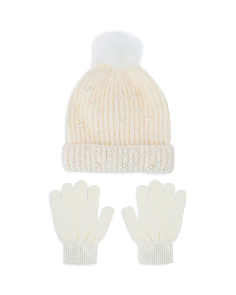 Capelli Girls' Fuzzy Rib Knit Beanie With Faux Pearls & Gloves Set - Little Kid, Big Kid