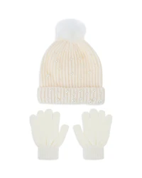 Capelli Girls' Fuzzy Rib Knit Beanie With Faux Pearls & Gloves Set - Little Kid, Big Kid