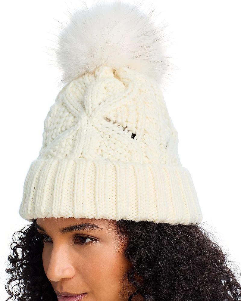 Kyi Kyi Faux Fur Pom Pom Cable Knit Beanie