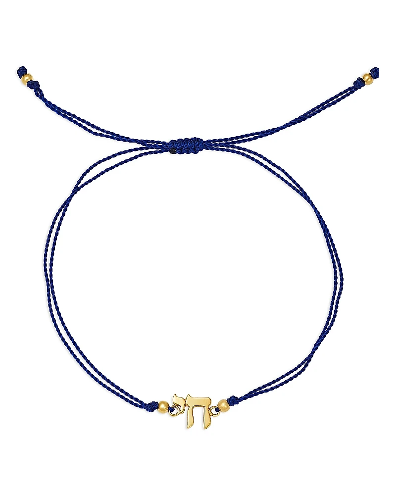 Zoe Chicco 14K Yellow Gold Midi Bitty Symbols Chai Blue Cord Slider Bracelet
