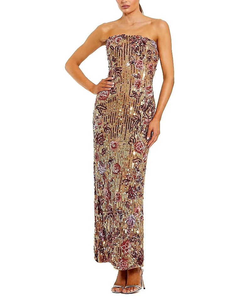 Mac Duggal Floral Sequin Mesh Strapless Column Ankle Dress