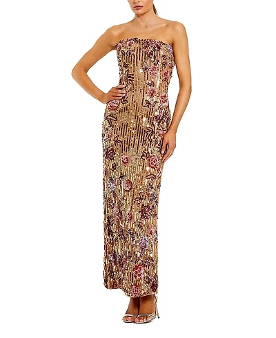 Mac Duggal Floral Sequin Mesh Strapless Column Ankle Dress