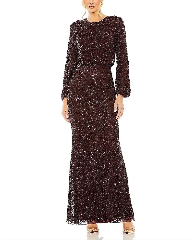 Mac Duggal High Neck Long Sleeve Beaded Blouson Gown