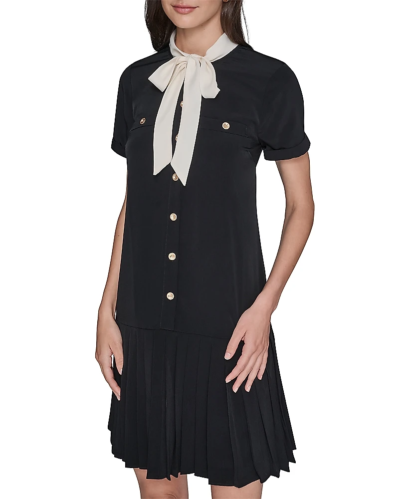 Karl Lagerfeld Paris Bow Neck Pleated Skirt Dress