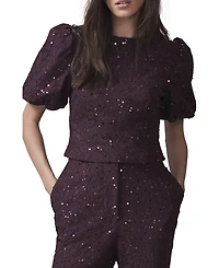 Mint Velvet Women's Sequin Lace Puff Sleeve Top