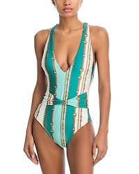 L'Agence Lisa Striped Belted Swimsuit