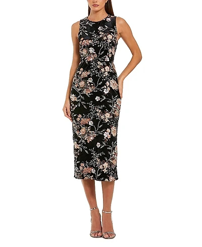 Mac Duggal Embroidered Velvet High Neck Sleeveless Midi Dress