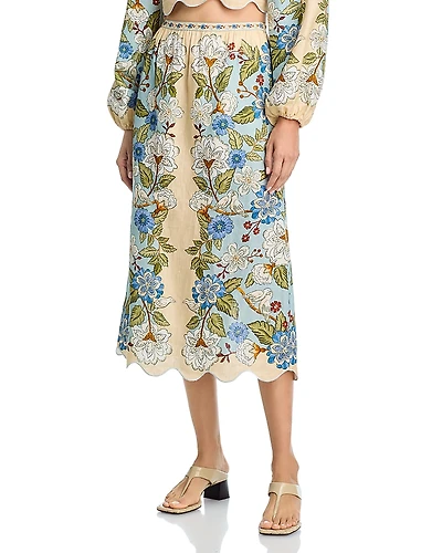 Farm Rio Garden Scarf Print Linen Midi Skirt