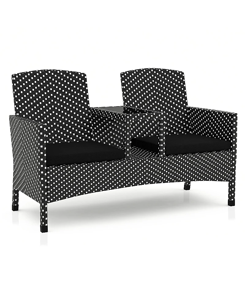 Furniture of America Outdoor Pe Wicker Patio Conversation Loveseat with Built-in Glass End Table