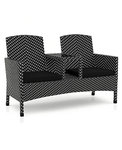 Furniture of America Outdoor Pe Wicker Patio Conversation Loveseat with Built-in Glass End Table