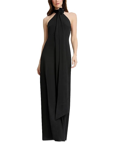 Dress the Population Halter Mock Neck Sheath Gown with Extended Drape