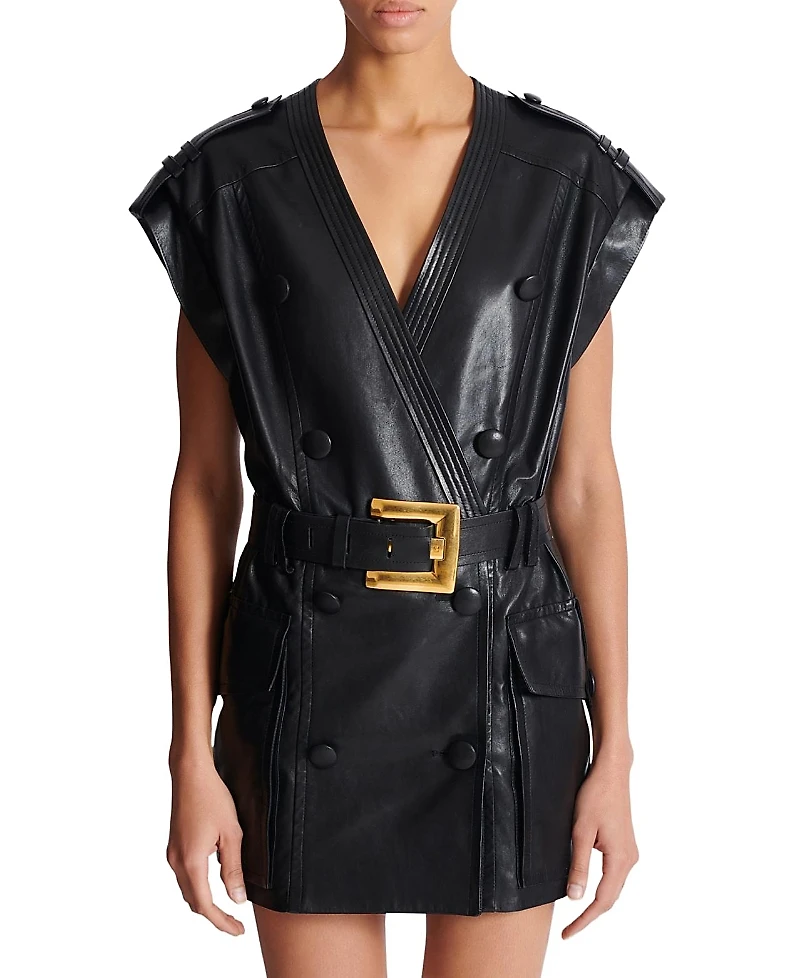 Balmain Lambskin Leather Short Belted Dress