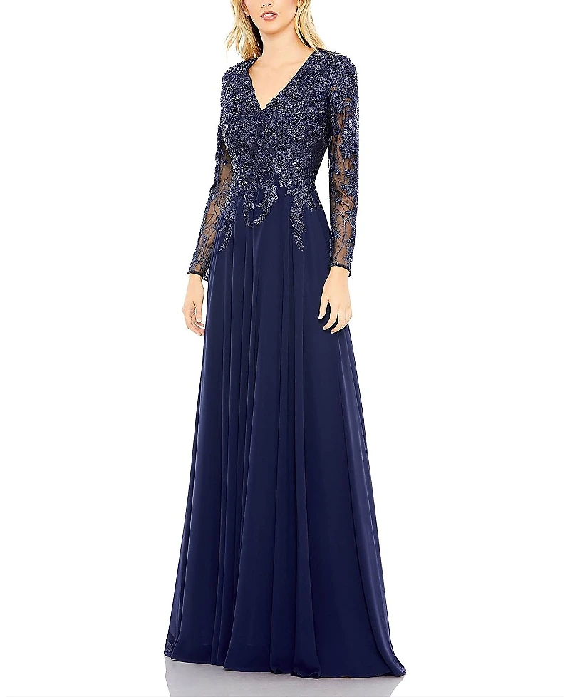 Mac Duggal Embroidered Illusion Long Sleeve V Neck Gown
