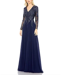 Mac Duggal Embroidered Illusion Long Sleeve V Neck Gown
