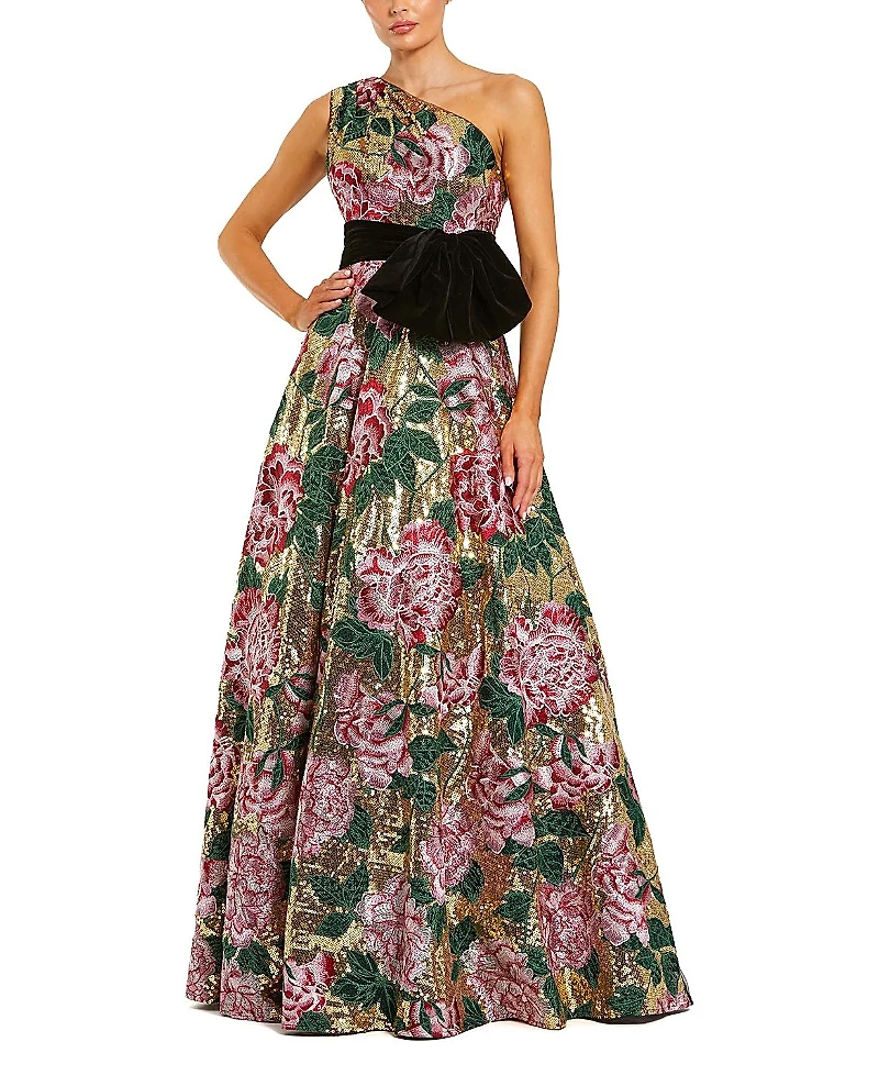 Mac Duggal One Shoulder Sequin Ballgown with Velvet Bow