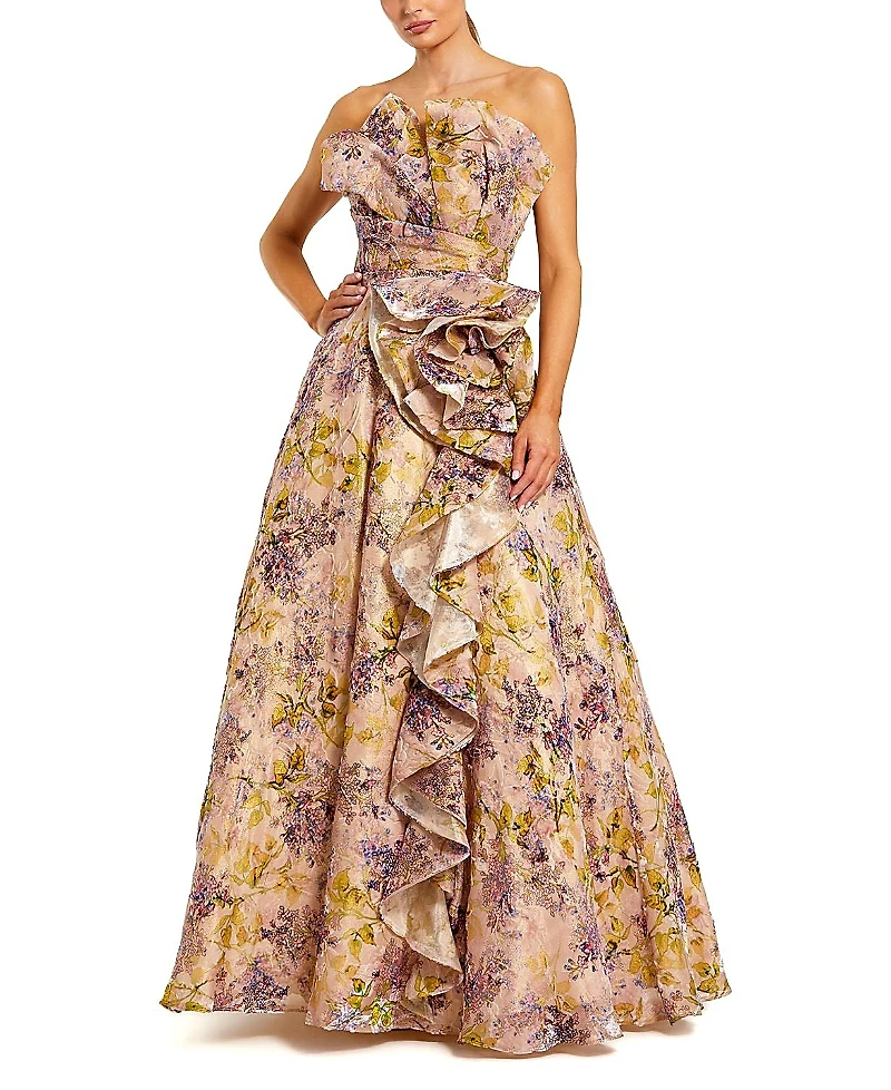 Mac Duggal Strapless Floral Jacquard Ballgown