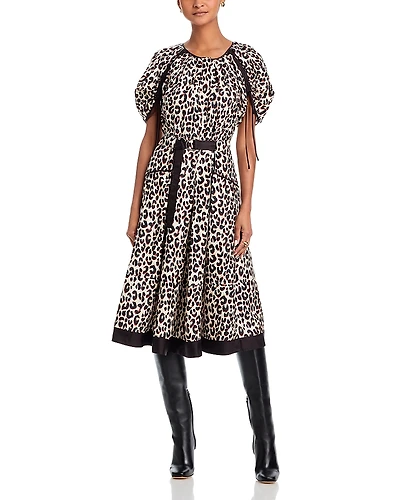 3.1 Phillip Lim Leopard Print Ruched Sleeve Midi Dress