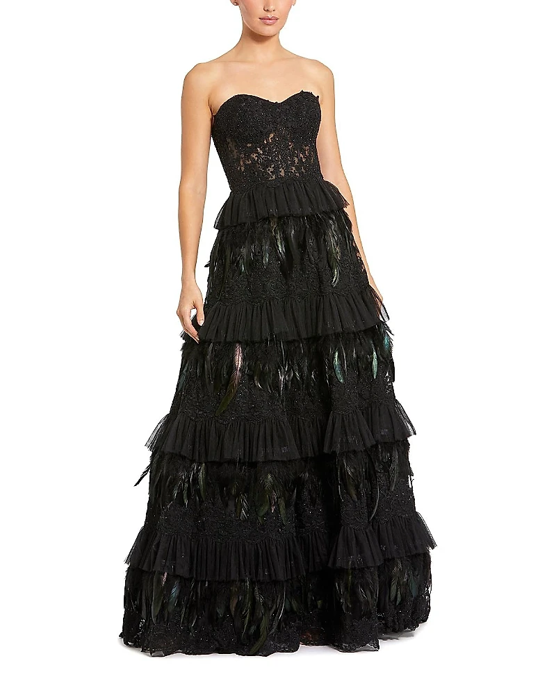 Mac Duggal Strapless Tiered Lace & Feather Gown