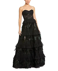 Mac Duggal Strapless Tiered Lace & Feather Gown
