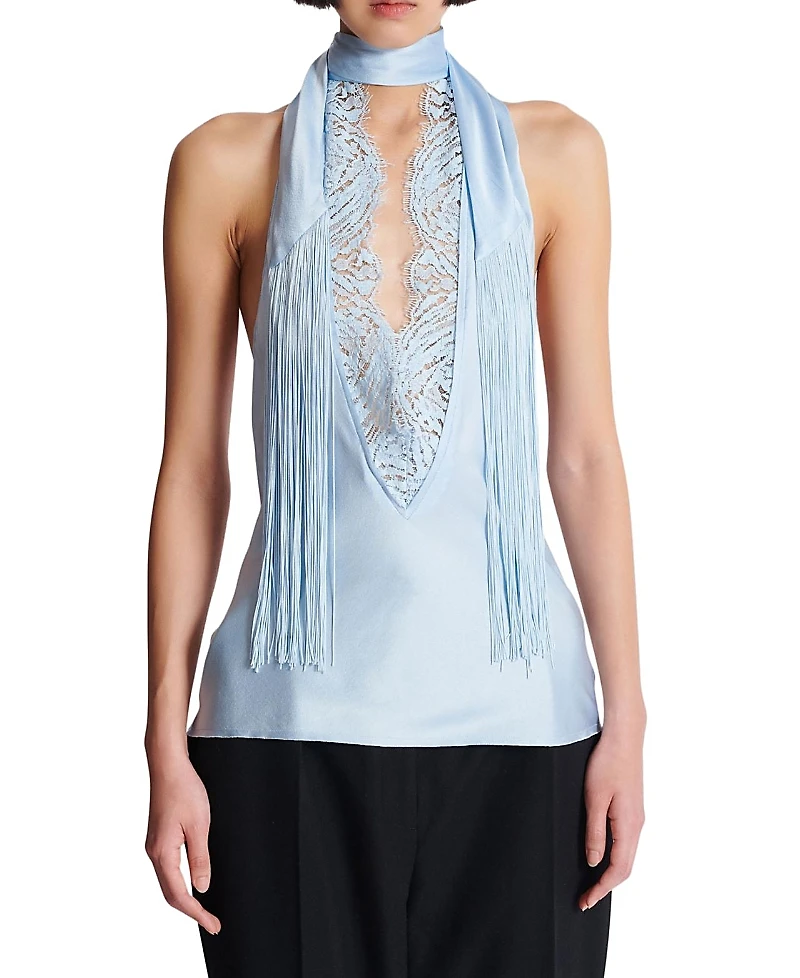 Balmain Backless Fringed Satin Top