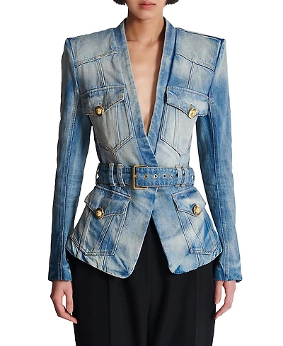 Balmain 1-Button Belted Denim Jacket