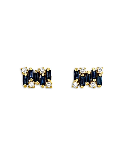 Suzanne Kalan 18K Yellow Gold Shimmer Blue Sapphire & Diamond Baguette Cluster Stud Earrings