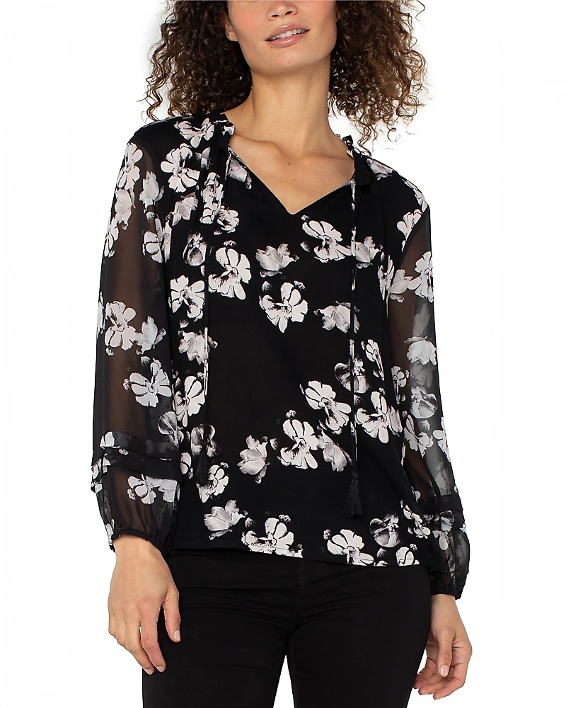 Liverpool Los Angeles Split Neck Sheer Sleeve Top