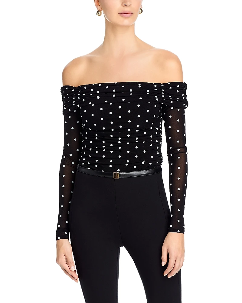 Aqua Off The Shoulder Polka Dot Mesh Top - Exclusive