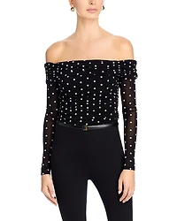 Aqua Off The Shoulder Polka Dot Mesh Top - Exclusive