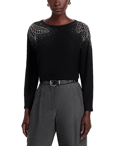 T Tahari Long Sleeve Jersey, Beaded and Lace Inset Sweater