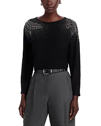 T Tahari Long Sleeve Jersey, Beaded and Lace Inset Sweater