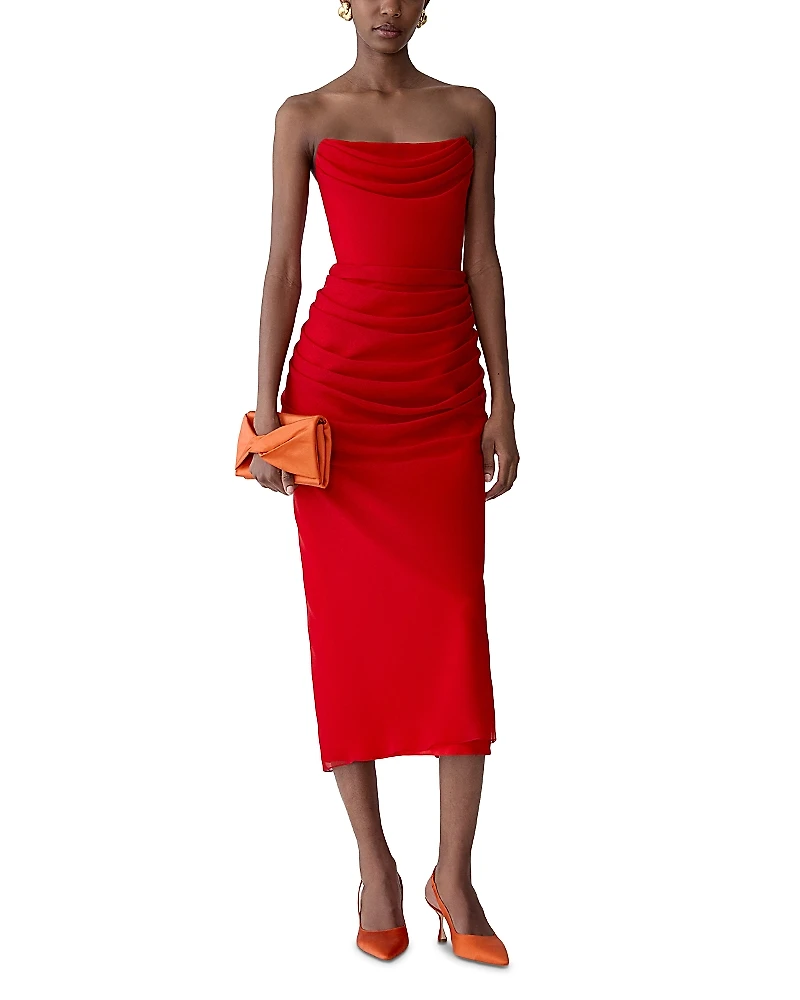 Carolina Herrera Strapless Draped Midi Silk Dress