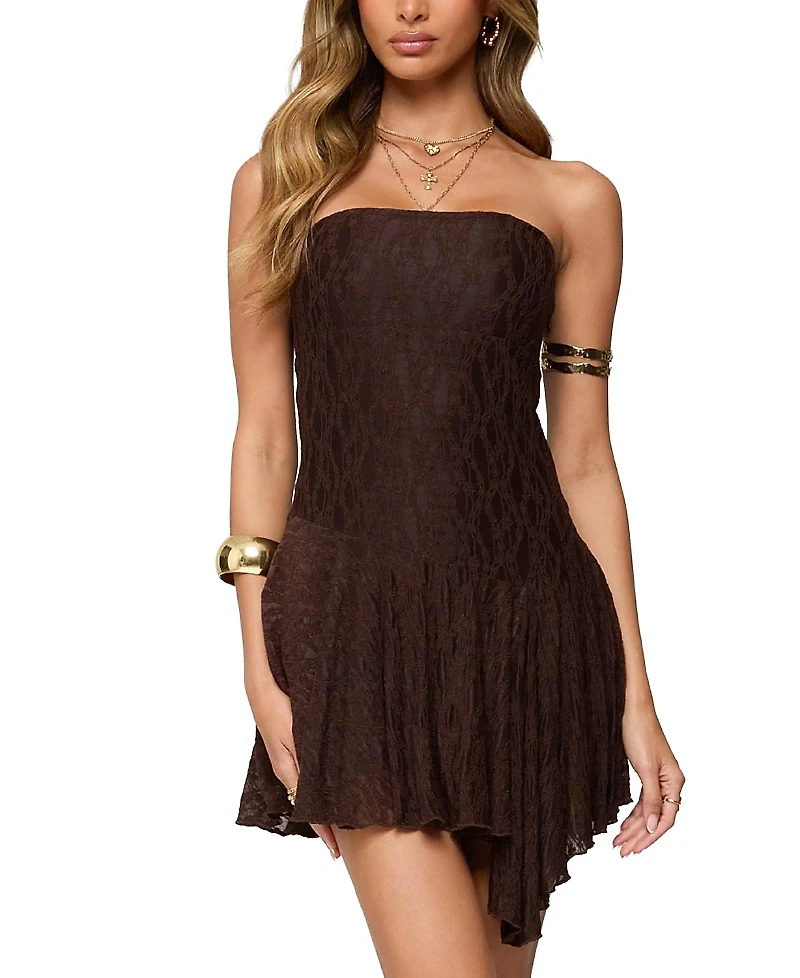 Edikted Elaia Asymmetric Strapless Lace Mini Dress