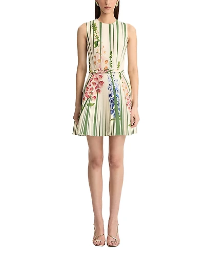 Oscar de la Renta Sleeveless Pleated Tromp L'oeil Foxgloves Dress
