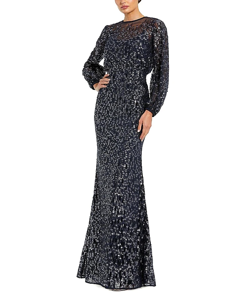 Mac Duggal Sequin Long Sleeve Blouson Evening Gown