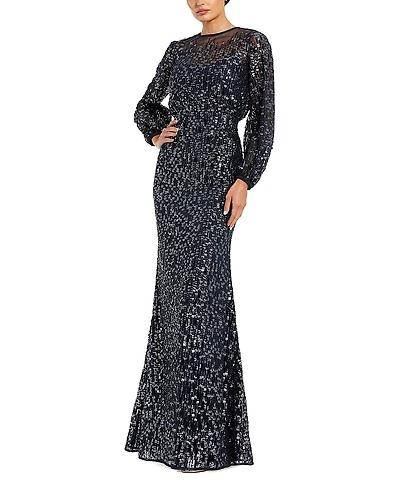 Mac Duggal Sequin Long Sleeve Blouson Evening Gown