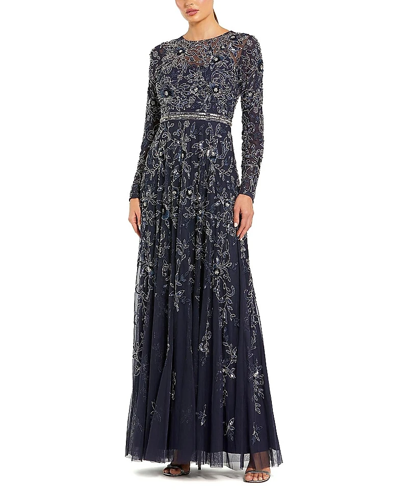 Mac Duggal Long Sleeve Floral Embellished Mesh A Line Gown