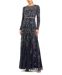 Mac Duggal Long Sleeve Floral Embellished Mesh A Line Gown