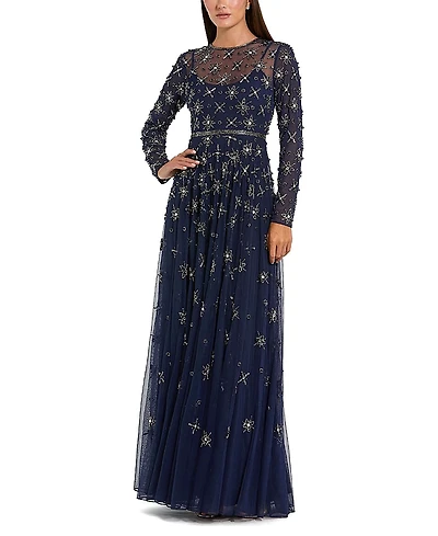 Mac Duggal Long Sleeve Crystal Embellished Evening Gown