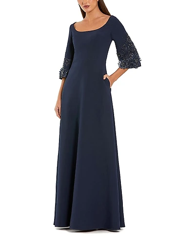 Mac Duggal Crepe Gown with Floral Embellished Sleeves