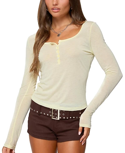 Edikted Ria Sheer Long Sleeve Henley Top