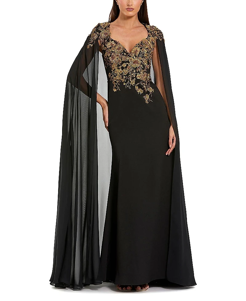 Mac Duggal Embellished Crepe Gown With Chiffon Cape Sleeves