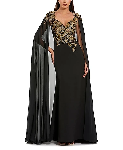 Mac Duggal Embellished Crepe Gown With Chiffon Cape Sleeves