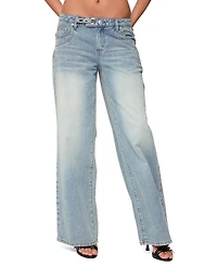 Edikted Celia Grommet Washed Low Rise Light Rinse Wash Jeans