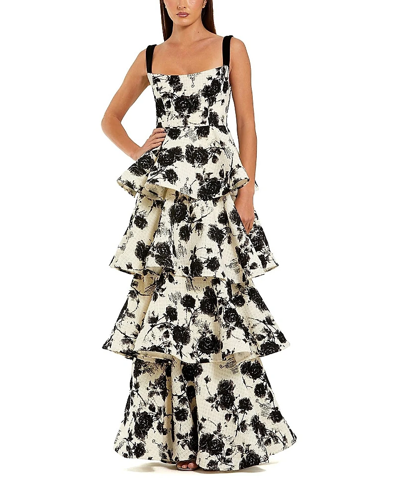 Mac Duggal Floral Boucle Tiered Ruffle Gown