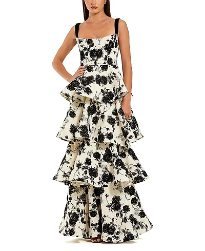 Mac Duggal Floral Boucle Tiered Ruffle Gown