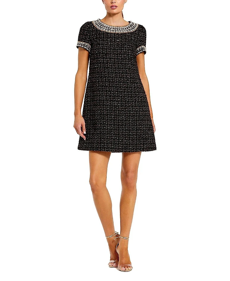 Mac Duggal Short Sleeve Embellished Boucle Mini Dress