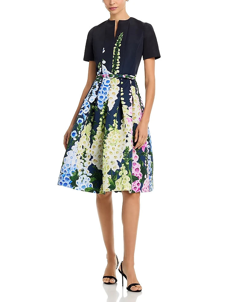 Oscar de la Renta Short Sleeve Multi Foxgloves Degrade Dress