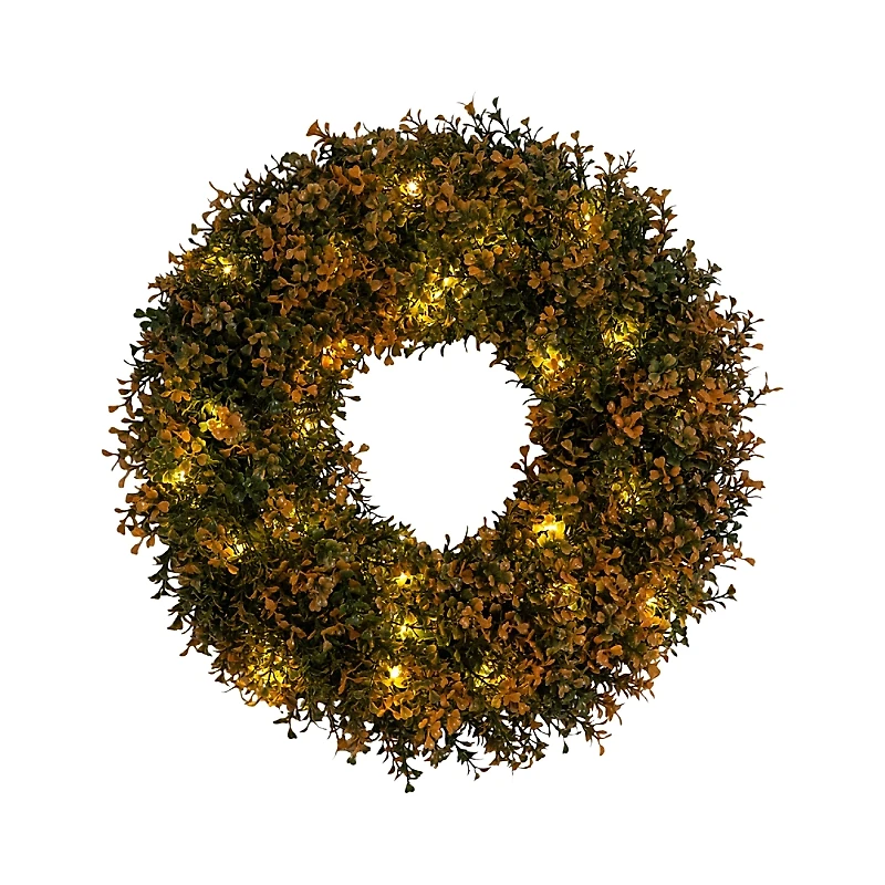 Nearly Natural Pre-Lit Autumn Boxwood Artificial Fall 18' Wreath with Warm White Led Lights