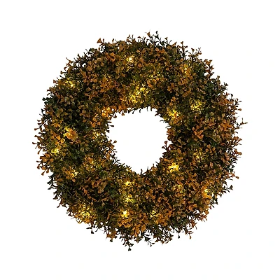 Nearly Natural Pre-Lit Autumn Boxwood Artificial Fall 18' Wreath with Warm White Led Lights